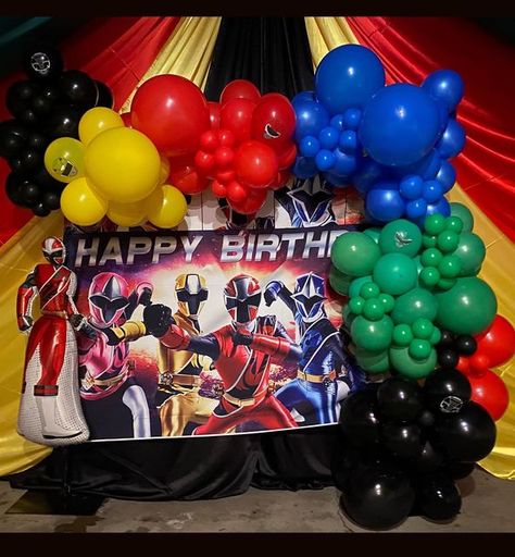 Power Rangers Backdrop, Power Ranger Balloon Arch, Power Ranger Themed Birthday Party, Power Rangers Birthday Party Ideas, Draping Backdrop, Avengers Birthday Decorations, Power Rangers Theme, Backdrop Draping, Power Rangers Birthday