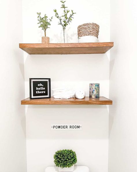 Wood Floating Shelves in Minimalist White Powder Room - Soul & Lane Powder Room Shelves, White Powder Room, Floating Wood Shelves, Modern Powder Room, Black Sign, White Floating Shelves, Double Front Doors, Compact Powder, Faux Greenery