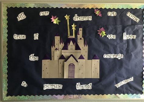 Cut simple castles shapes and layered them on top of each other for a bulletin board using a Disney quote about courage. Castle Bulletin Board Ideas, Castle Bulletin Board, 3d Bulletin Boards, Disney Bulletin Boards, Classroom Bulletin Boards Elementary, Disney Quote, Disney Classroom, Courage Quotes, Classroom Bulletin Boards