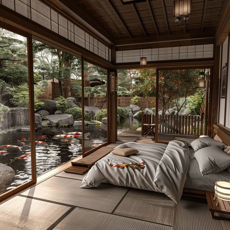 Zen Den: Japanese Style Bedroom Design with Koi Pond View Modern Zen Bedroom, Bedroom Furniture Placement, Japanese Style Bedroom, Tatami Bed, Restful Bedrooms, Japanese Bedroom, Tatami Room, Japanese Home Design, 70s House