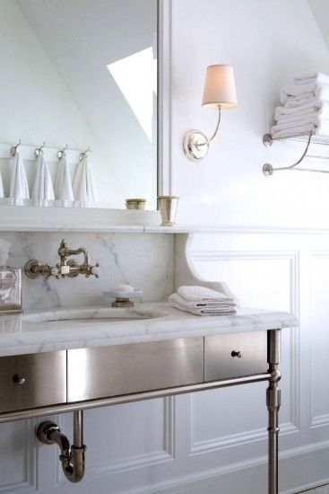 Metal Console Sink - Foter Modern Classic Bathroom, Timeless Bathroom Design, Wall Mounted Faucet, Styl Hampton, Timeless Bathroom, Attic Remodel, Marble Vanity, Classic Bathroom, Home Luxury