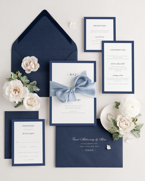 Bold borders paired with modern fonts and a script give these sophisticated wedding invitations an upscale and contemporary look.  Shown in navy and smoke ink with a navy liner and sapphire ribbon.  --------------------------------------------------------------- ♥ PAPER AND PRINTING QUALITY ♥ Our wedding invitations are flat printed on the highest quality cardstock using a commercial press, resulting in bold saturated color and crisp text. Shine uses only the absolute best in printing and paper, giving our stationery a level of quality that is unmatched. You will have the option to choose from our four luxurious paper types: White Shimmer: 137lb - 350gsm - 17pt White Matte: 130lb - 350gsm - 18pt Ivory Matte: 130lb - 350gsm - 18pt Double Thick White Matte: 240lb - 648gsm - 36pt ------------ Navy Themed Wedding, Dark Blue Wedding Theme, Navy Wedding Theme, Navy Blue Wedding Theme, Sophisticated Wedding Invitations, Celebration Invitations, Slate Blue Wedding, Monogram Border, Dark Blue Wedding