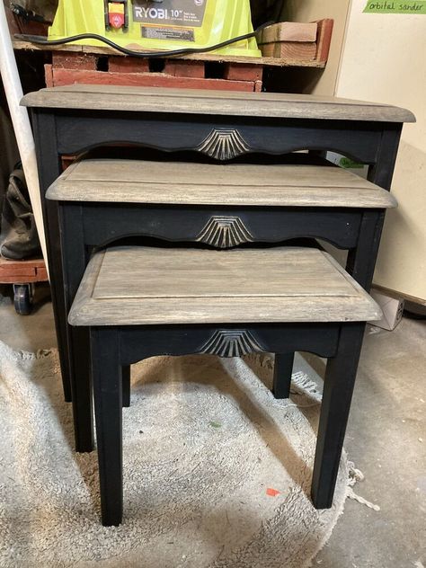 These nesting tables were given to us to update. We went back and for about what color should we paint them and should we distress them. In the end, it was one of the few pieces of furniture that we didn’t distress. They started off a very dark green base and the top was basically natural. The top did have a gloss to it and was very unappealing. There are actually 3 tables. Not sure where the small table was. Probably being painted. The pieces were given a good sanding. The bottom Painted Nesting Tables Ideas, Table Renovation, Painted Nesting Tables, Candle Holder Makeover, Coffee Table Upcycle, Diy Tufted Headboard, Suitcase Table, End Table Makeover, Side Table Makeover