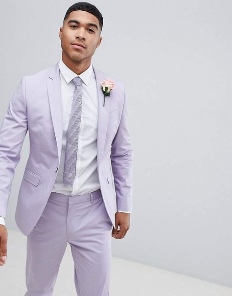 Asos Design ASOS DESIGN wedding skinny suit jacket in stretch cotton in lilac #affiliate Purple Prom Suit, Purple Groomsmen, Suits Groom, Suits Formal, Purple Suit, Purple Suits, Mode Costume, Formal Fashion, Suits Men