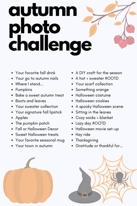 Freetime Activities, Herbst Bucket List, Photo A Day Challenge, Photo Prompts, Fall Mood Board, Graduation Makeup, Fun Fall Activities, Fall Bucket List, Halloween Scene