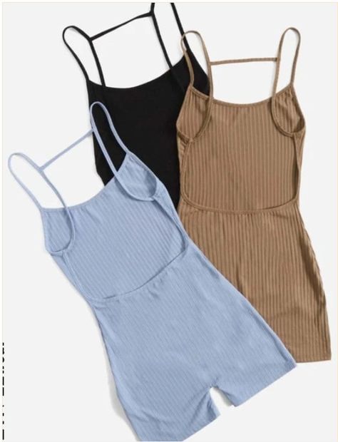 Casual - Spaghetti Strap - Plain - Short - Sleeveless - Medium Stretch - 95% Polyester - 5% Elastane - Machine Wash or Professional Dry Clean Casual Rompers Outfit, Adrette Outfits, Curvy Casual Outfits, Cute Casual Dresses, Cami Romper, Cute Dress Outfits, Womens Jumpsuits, Casual Rompers, Cute Preppy Outfits