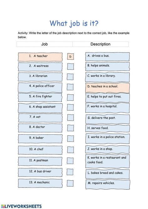 Jobs and occupations online worksheet for Grade 2. You can do the exercises online or download the worksheet as pdf. Job Description Worksheet, Occupation Worksheet Grade 2, Career Worksheets For Kids, Jobs Worksheets For Kids, Occupation Worksheet, Job And Occupation, English Conversation Worksheets, Jobs Worksheet, Teaching Vowels