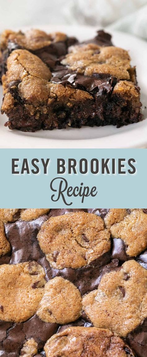 Brookies are the best of both worlds - cookies and brownies combined into one delicious dessert! This easy brookie recipe is perfect for any occasion. Whether you're serving a crowd or just want to indulge in sweet treats, these brookies will hit the spot! A warm, gooey chocolate brownie baked with a classic chocolate chip cookie! Truly the ultimate treat! #brookies #brownies #brookie Brookie Bars Recipe Easy, Gooey Desserts Easy, Crockpot Chocolate Chip Cookie Brownie, Pioneer Woman Brookies, Brookie Crockpot Dessert, Crockpot Brookies, Brownies And Cookies Together, How To Make Brookies, Brookies Recipe With Box Brownies