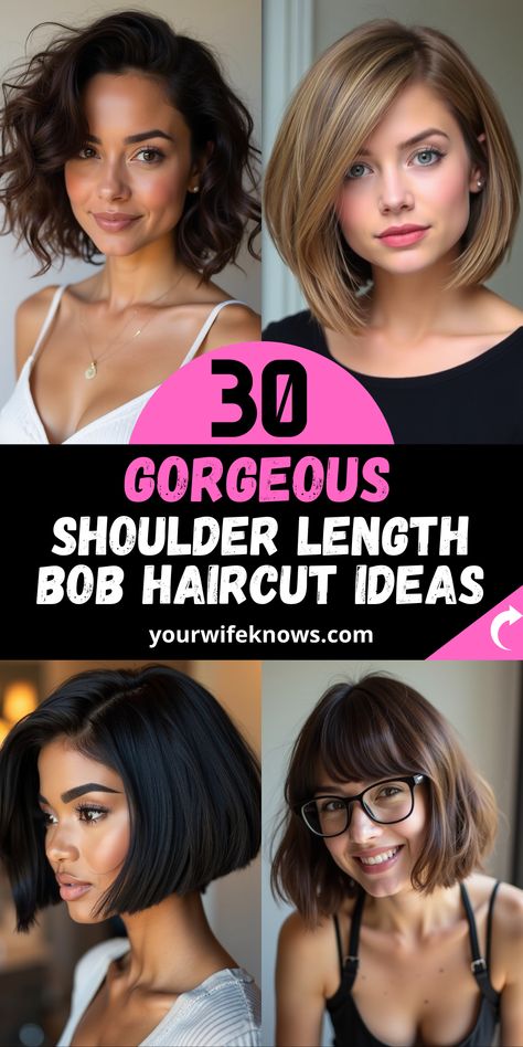 Looking for the perfect shoulder-length bob haircut? Whether you want something sleek and polished o Medium Bob With Layers Shoulder Length, Bob Hairstyle No Bangs, Shoulder Length Haircuts For Women With Thick Hair, Dark Long Bob With Bangs, Medium Length Haircut Bob Layers, Tapered Shoulder Length Hair, Long Stacked Bob Haircut Shoulder Length Medium Layered, Tapered Bob Haircut Shoulder Length, Above Shoulder Hair With Layers