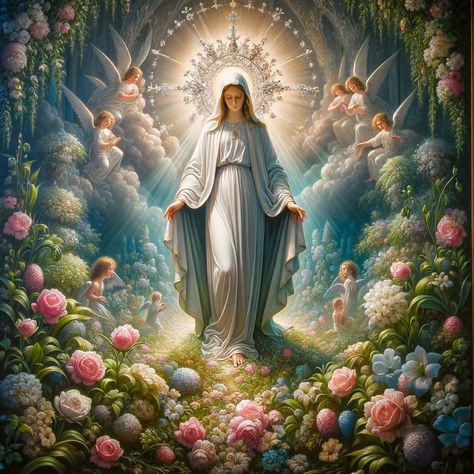 An exquisite depiction of Mary standing in a heavenly garden, bathed in divine light, with a serene expression on her face, symbolizing the Immaculate Conception. Lush flowers bloom around her, and angels hover nearby, conveying a sense of purity and sanctity. Jesus In Heaven, Jesus Pictures Catholic, Immaculate Conception Of Mary, Divinely Protected, Virgin Mary Picture, Mary Garden, Roman Catholic Art, Mother Mary Pictures, Mary Mother Of God