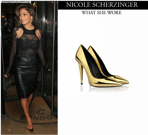 Nicole Scherzinger in gold mirror pumps Want Her Style Party Outfit #nicolescherzinger #gold #pumps #newyear #outfit #paty Newyear Outfit, London In December, Gold Pumps, Nicole Scherzinger, Style Party, December 1, Gold Mirror, Style Board, Her Style