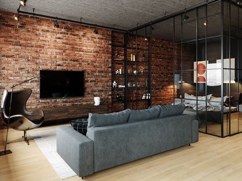 Loft style apartment in Moscow & 360° :: Behance Loft Apartment Industrial, Loft Apartment Decorating, Brick Living Room, Loft Style Apartments, Industrial Living Room, Loft Style Apartment, Loft House Design, Brick Interior Wall, Style Apartment