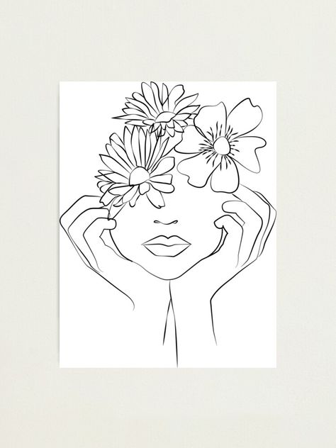 Line Art Woman With Flowers, Minimalistic Line Art, Flower On Head, Line Art Woman, Woman With Flowers, Girl With Flowers, Drawing Poster, Flowers Blooming, Professional Photo