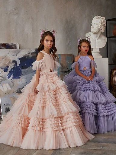 Princess Sweep / Brush Train Junior Bridesmaid Dress Wedding Lace Long Sleeve Bandeau with Side Draping 2021 - US $88.19 Birthday Princess Dress, Ruffle Gown, Layered Tulle Skirt, Custom Gown, Fashion Gowns, Pageant Dress, High Quality Dress, Pageant Dresses, Flower Girls