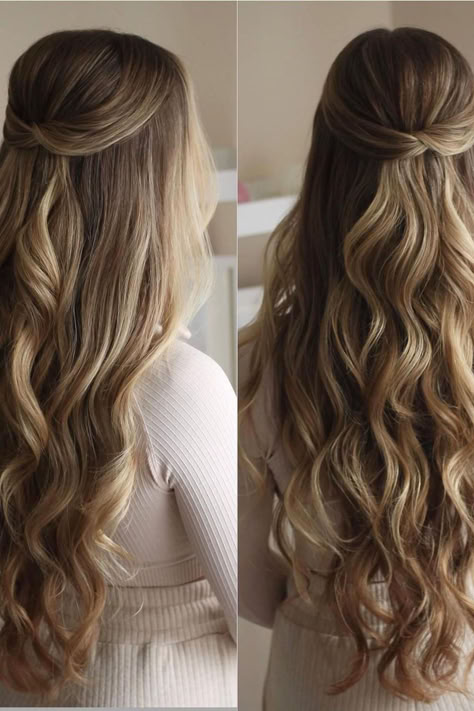 Cascading sandy blonde waves meet a chic half-up twist, showcasing a blend of highlights and lowlights for a dimensional, multi-tonal look. // Photo Credit: Instagram @bridal_hairstylist Curled Prom Hair, Half Down Prom Hairstyles, Cascading Curls, Down Prom Hairstyles, Bridesmaid Hair Inspo, Half Up Curls, Hairstyles For All Hair Types, Bridemaids Hairstyles, Loose Curls Hairstyles