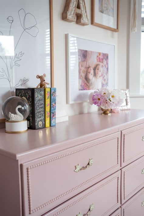 Furniture Flip; The Girls Room Dresser DIY – Yew & Co. Colored Dresser In Nursery, Kids Dresser Ideas, Girl Room Furniture, Girls Room Dresser, Girls Dresser Makeover, Girl Nursery Dresser, Toddler Girls Room Decor, Girls Dresser Handles, Toddler Girl Dresser Decor