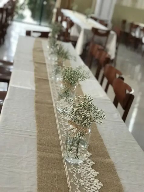 75+ Creative Backyard Wedding Ideas On a Budget - HubPages Burlap And Eucalyptus Table Runners, Comunion Table Ideas Decoration, Krizma Decor, Newlyweds Table Decor Wedding, Earthy Party Theme, Simple Party Table Decor, Baptism Decorations Table, Bautismo Ideas Decoration, Baptism Table Decor