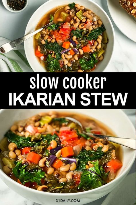 Slow Cooker Ikarian Stew is a delicious and hearty mixture of black-eyed peas, vegetables, and spices slowly cooked, and perfect for a chilly day. Slow Cooker Longevity Ikarian Stew | 31Daily.com #slowcooker #slowcookersoups #soup #stew #bluezone #bluezones #longevity #Mediterranean #31Daily.com Ikarian Stew, Zone Diet Recipes, Blue Zones Diet, Blue Zones Recipes, Zone Recipes, Zone Diet, Easy Mediterranean Diet Recipes, Blue Zone, Crockpot Recipes Slow Cooker