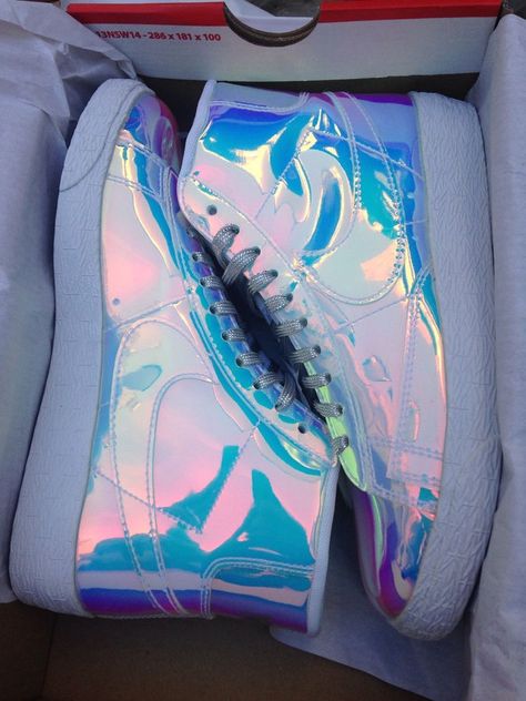 Iridescent Shoes, Holographic Fashion, Kawaii Shoes, Nike Blazer Mid, Nike Free Runs, Blazer Mid, Leather High Tops, Nike Blazer, Vegan Shoes