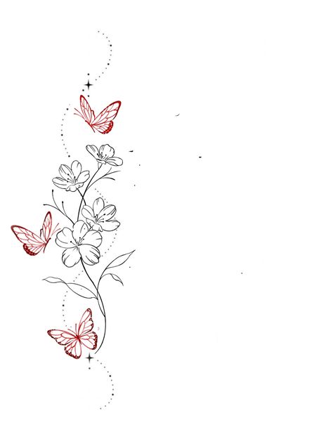 Simple Tattoos Feminine, Floral Tattoo Butterfly, Tattoo Add Ons Ideas Butterflies, Meaningful Butterfly Tattoos Quotes, Small Tattoos On Waist Line, Dainty Butterfly Flower Tattoo, Tiger Lily And Butterfly Tattoo, Butterfly With Plant Tattoo, Red Butterfly Flower Tattoo