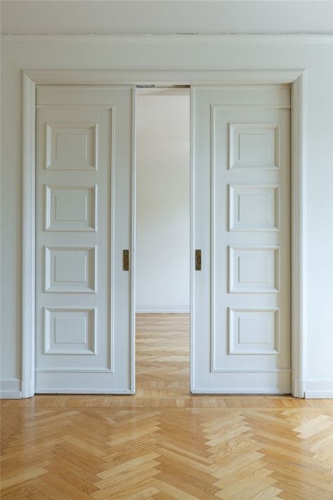 pocket doors Double Pocket Doors, Big Doors, Sliding Pocket Doors, Double Sliding Doors, Sliding Doors Interior, Empty Room, White Doors, Plywood Furniture, Interior Barn Doors