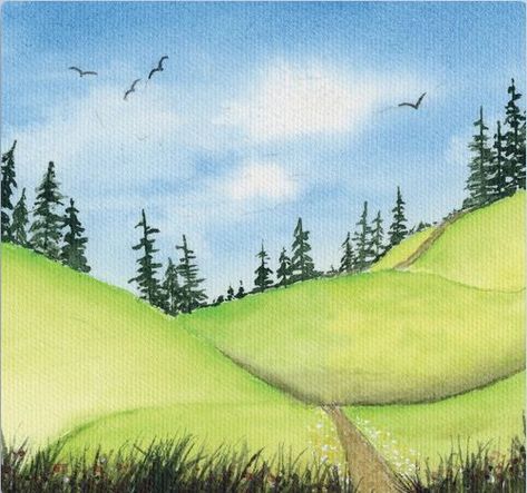 A watercolor print of brilliant spring green rolling hills, and a path leading to a forest of pine trees. With birds flying in the distance in a sky of dappled clouds. Rolling Hills Painting, Pencil Sketches Landscape, Pine Tree Drawing, Forest Drawing, Painted Hills, Birds In The Sky, Spring Forest, Bullet Journal Design Ideas, Over The Hill