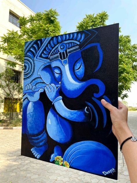 Blue Ganesha Painting, Ganesh Aesthetic Drawing, Ganesha Paintings On Canvas, Ganpati Bappa Painting Ideas, Krishna On Canvas Acrylics, Ganpati Painting Ideas, Ganpati Drawing Easy Painting, Ganpati Acrylic Painting Canvas, Creative Ganpati Drawing