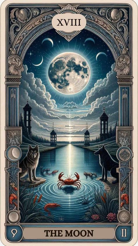 The Moon Tarot Card Meaning Tarot Cards Art Illustration, The Moon Tarot Card, Tarot Magic, The Moon Tarot, Love Tarot Reading, Major Arcana Cards, Online Tarot, Tarot Astrology, Oracle Tarot