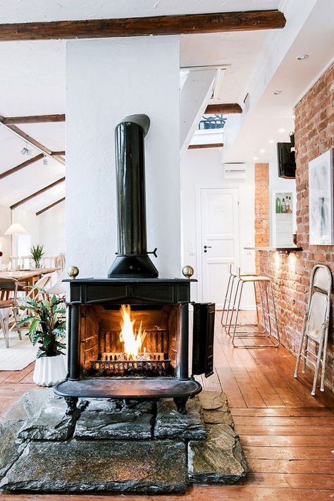 Wood Stove Hearth, Wood Burning Stoves Living Room, Milk Design, Standing Fireplace, Wood Stove Fireplace, Freestanding Fireplace, Open Fire, Stove Fireplace, Wood Fireplace