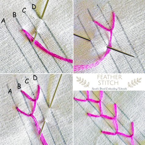 Step-by-step tutorial of Feather Stitch. Use this on floral and leaf hand embroidery patterns. An easy stitch for beginners. Learn hand embroidery the easy way! Click for more information on this stitch Embroidery Feather Stitches Tutorial, Embroidery Feather Stitch, Feather Stitch Embroidery Design, Feather Stitch Embroidery, Running Embroidery, Embroidery Tutorial Step By Step, Embroidery Neck Design, Diy Embroidery Shirt, Free Hand Embroidery