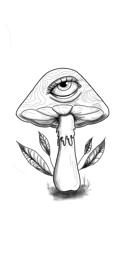 Drawings Ideas Mushrooms, Goth Mushroom Drawing, Mushrooms With Eyes Drawing, Eye Mushroom Drawing, High Mushroom Drawing, Drippy Mushroom Drawing, Mushroom With Face Drawing, Mushroom With Eyes Tattoo, Eye Mushroom Tattoo