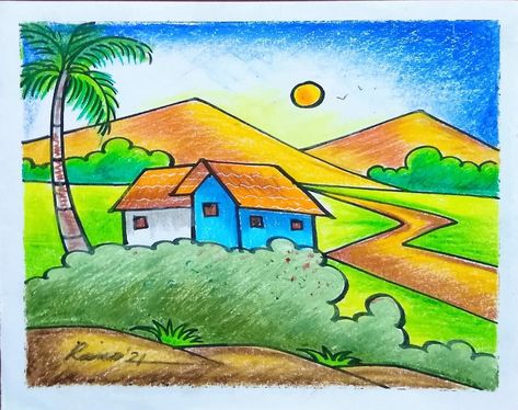 Landscape Drawing For Kids, Simple Nature Drawing, Nature Drawing For Kids, Easy Nature Drawings, Drawing Pictures For Kids, Scenery Drawing For Kids, Easy Scenery Drawing, Easy Pictures To Draw, Gambar Lanskap