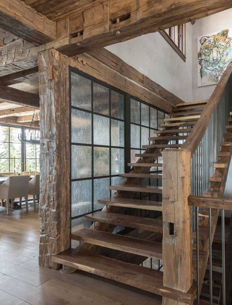 A rustic chic family hideaway in Big Sky: Freedom Lodge Pearson Design Group, Sky Freedom, Alpine Home, Rustic Staircase, Rustic Stairs, Big Sky Montana, Interior Design Rustic, Rustic Home Design, Western Homes