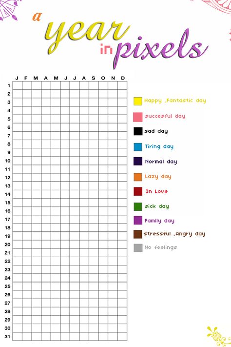 Year In Pixels Printable, Year In Pixels, Bullet Journal Ideas Templates, To Do Planner, Bullet Journal Mood Tracker Ideas, Bullet Journal Paper, Bullet Journal Tracker, Bulletin Journal Ideas, Daily Planner Pages