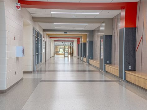 High School Corridor Design, University Corridor Design, School Ceiling Design, School Corridor Design, High School Corridor, College Hallway, High School Interior, Binus University, High School Hallway