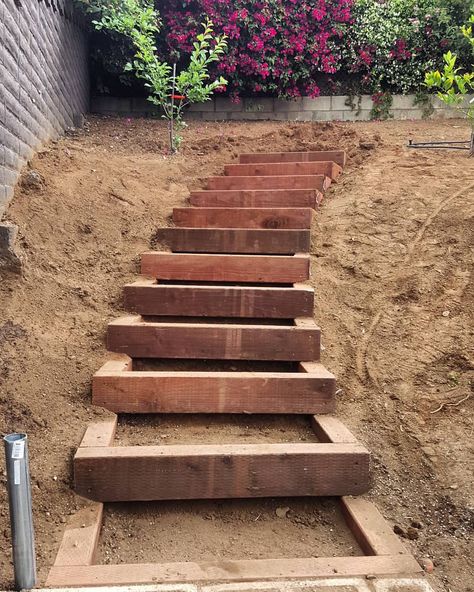 95 Likes, 8 Comments - Hyper Construction Inc (@hyperconstructioninc) on Instagram: “Built a nice set of timber garden stairs today up an embankment that will have a little sitting…” Sloped Backyard Landscaping, Landscape Stairs, Landscape Steps, Sloped Backyard, Gardening Design, Garden Stairs, Outdoor Steps, Hillside Landscaping, Wooden Steps