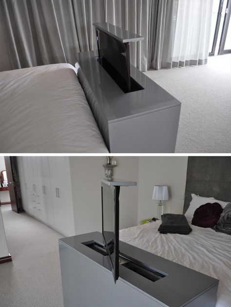 7 Ideas For Hiding A TV In A Bedroom // The TV built into the foot of this bed rises up and swivels to allow for bed viewing as well as viewing from any other angle in the bedroom. Beds With Tv Built In, Tv Beds Hidden Tv, Hidden Tv Ideas Bedroom, Tv In Small Bedroom Ideas, Bed With Tv Built In, Small Bedroom Tv Ideas, Bedroom Ideas Tv, Tv In A Bedroom, Bedroom Tv Stand Ideas