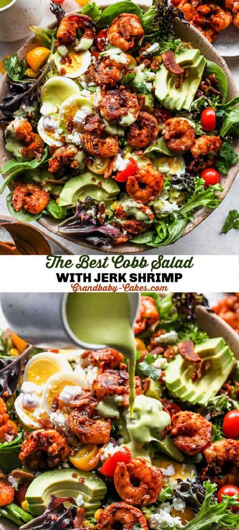 Salad Recipes With Seafood, Seafood Cobb Salad Recipe, Jerk Shrimp Salad, Summer Salad With Shrimp, Shrimp On Salad Recipes, Shrimp Egg Salad Recipes, Shrimp With Salad, Salads With Seafood, Shrimp And Salad