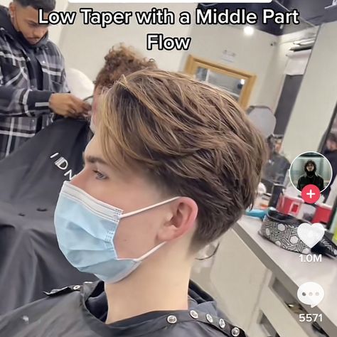 Middle Part Undercut Men Straight Hair, Middle Part With Undercut Men, Tapered Curtains Hair Men, Low Taper Fade Middle Part, Tapered Middle Part, Middle Part Flow With Low Taper, Low Taper Middle Part Flow, Medium Straight Hairstyles Men, Middle Part Haircut Men