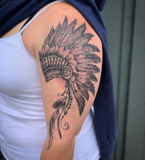 Choctaw Tattoos For Women, Native American Indians Tattoo, Indian Headdress Tattoo Design, Western Thigh Tattoos Women, Native American Headdress Tattoo, Indian Tattoos For Women, Indian Headdress Tattoo Thigh, Indian Headpiece Tattoo, Female Indian Headdress Tattoo