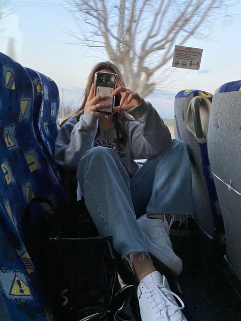 Girl on the bus with a grey sweatshirt, aesthetic girl, aesthetic pic, Air Force 1, aesthetic photo Aesthetic Bus Photos, Bus Aesthetics, Bus Photoshoot, Traveling By Bus, Bus Picture, Bus Photography, Travel Bus, Bus Photo, Bus Trip