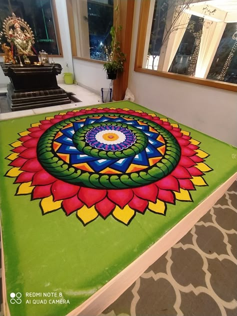 Rangoli Designs With Water Colours, Rangoli For Home Inauguration, Simple And Big Rangoli Designs, Big Size Rangoli Designs, Mirror Rangoli Designs, Rangoli Designs Latest For Sankranti, Festive Rangoli Designs, Oil Paint Rangoli Designs On Floor, Lotus Flower Rangoli Design