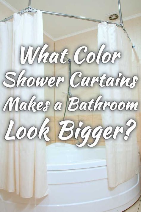 What Color Shower Curtain Makes A Bathroom Look Bigger? Article by HomeDecorBliss.com #HDB #HomeDecorBliss #homedecor #homedecorideas Bathtubs With Shower Curtains, Two Shower Curtains Modern, Shower Curtain Display Ideas, Long Shower Curtains Small Bathroom, Best Shower Curtains For Small Bathroom, White Shower Curtain Bathroom Decor, Shower Courtines Ideas, Bathroom Decor Ideas With Shower Curtain, Boho Bathroom With Shower Curtain