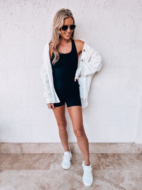 Athletic Romper Outfit Fall, Onesie Romper Outfit, Sporty Romper Outfit, Exercise Romper Outfit, Romper Shorts Outfit Summer, Black Tank Romper Outfit, Onesie Shorts Outfit, Spandex Onesie Outfit, Womens Onesie Outfit