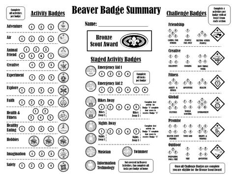 Beaver Scouts Badge Summary Chart. Made by Cate Biggs with inspiration that someone had done for a Wolf Pack in the states. To use: Just colour in/cross off once a section, task or badge is complete. I've numbered all parts of each badge from the handbook for referencing. Great way to visualise a Beaver's progress. Beaver Scouts Activities Badges, Beaver Activities, Beaver Scouts, Cub Scout Activities, Scout Badges, Scout Activities, Scout Leader, Scouts Crafts, Cub Scout