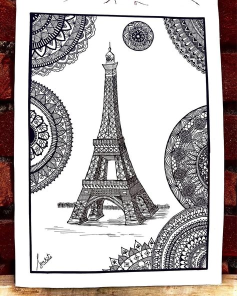 Adding mandala art to the majestic art of all time, the Eiffel Tower! Eiffel Tower Doodle, Paris Sketch, Eiffel Tower Art, Paris Tower, Mandala Zentangle, Eiffel Tower In Paris, Zentangle Doodle, Tower In Paris, Paris Eiffel Tower