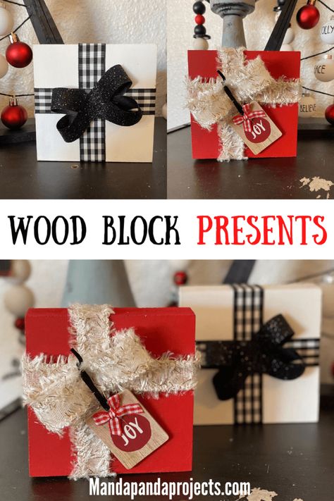 Diy Wooden Block Christmas Decorations, Wood Cube Christmas Crafts, Wooden Block Christmas Presents, Square Wooden Christmas Ornaments, Wood Block Presents Christmas Crafts, 2x6 Wood Projects Diy Christmas, Holiday Wood Crafts To Sell, Christmas Scrap Wood Crafts, Wood Block Crafts Diy Project Ideas