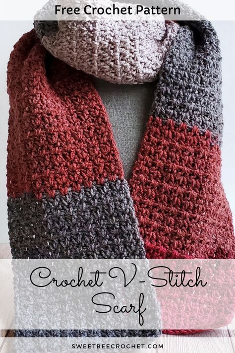 Crochet V Stitch Scarf (Free Pattern) - Sweet Bee Crochet Caron Cake Scarf Crochet Pattern, Caron Cakes Crochet Patterns Free, Crochet Scarf Pattern Free Easy One Skein, Quick Crochet Scarf Pattern Free, One Skein Crochet Scarf, Crochet Scarf Free Pattern, Crochet V Stitch, Stripe Scarf Pattern, Crochet Muffler