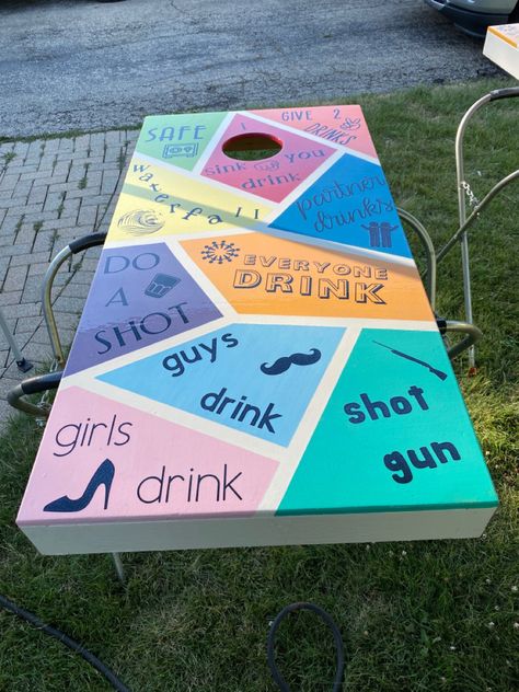 Outdoor Kickback Party, Diy Games Adults, Cool Party Ideas For Adults Summer, Cute Corn Hole Boards, Drinking Table Games, Diy Yard Games For Adults Parties, Cornhole Boards Designs Drinking Game, Corn Hole Drinking Game, College Cornhole Boards Designs