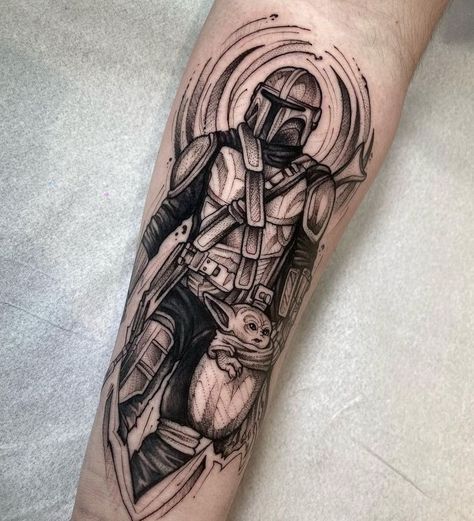 #nauticatattooteam #tattooideas #tattooinspiration #adaorosa #blackwork #tattoolovers #tattoos #melhorestattoos #nauticatattoo Mando Tattoo Design, Star Wars Tattoo Sleeve Black And White, Star Wars Sleeve Tattoos For Guys, Star Wars Arm Tattoo, Jedi Tattoo Ideas, Mandolorians Tattoo, Mandalorian Tattoo Ideas, Mando Tattoo, Star Wars Sleeve Tattoo